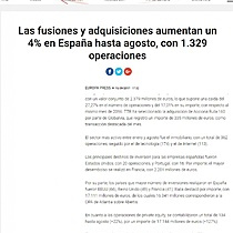 Las fusiones y adquisiciones aumentan un 4% en Espaa hasta agosto, con 1.329 operaciones
